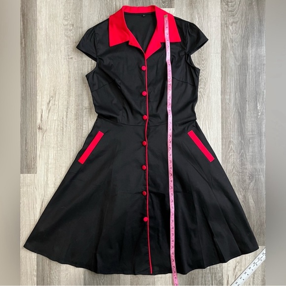 Retro Rockabilly Swing Dress Black Red Trim Pockets 50s Size Large 8-10 - Picture 8 of 10